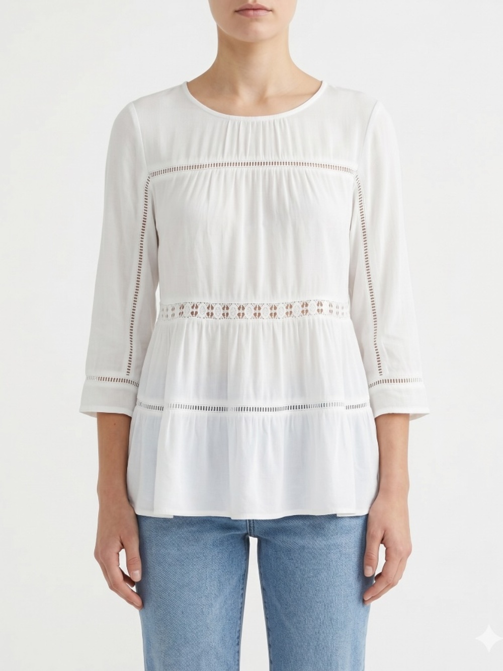 Maeve Anthropologie Chiffon Blouse White Eyelet Lace Trim 3/4 Sleeve Women's M